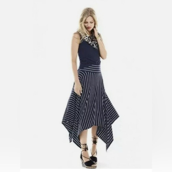 Cabi Asymmetrical Striped Twirl Skirt Navy Blue White Lined Size Medium - Picture 3 of 10